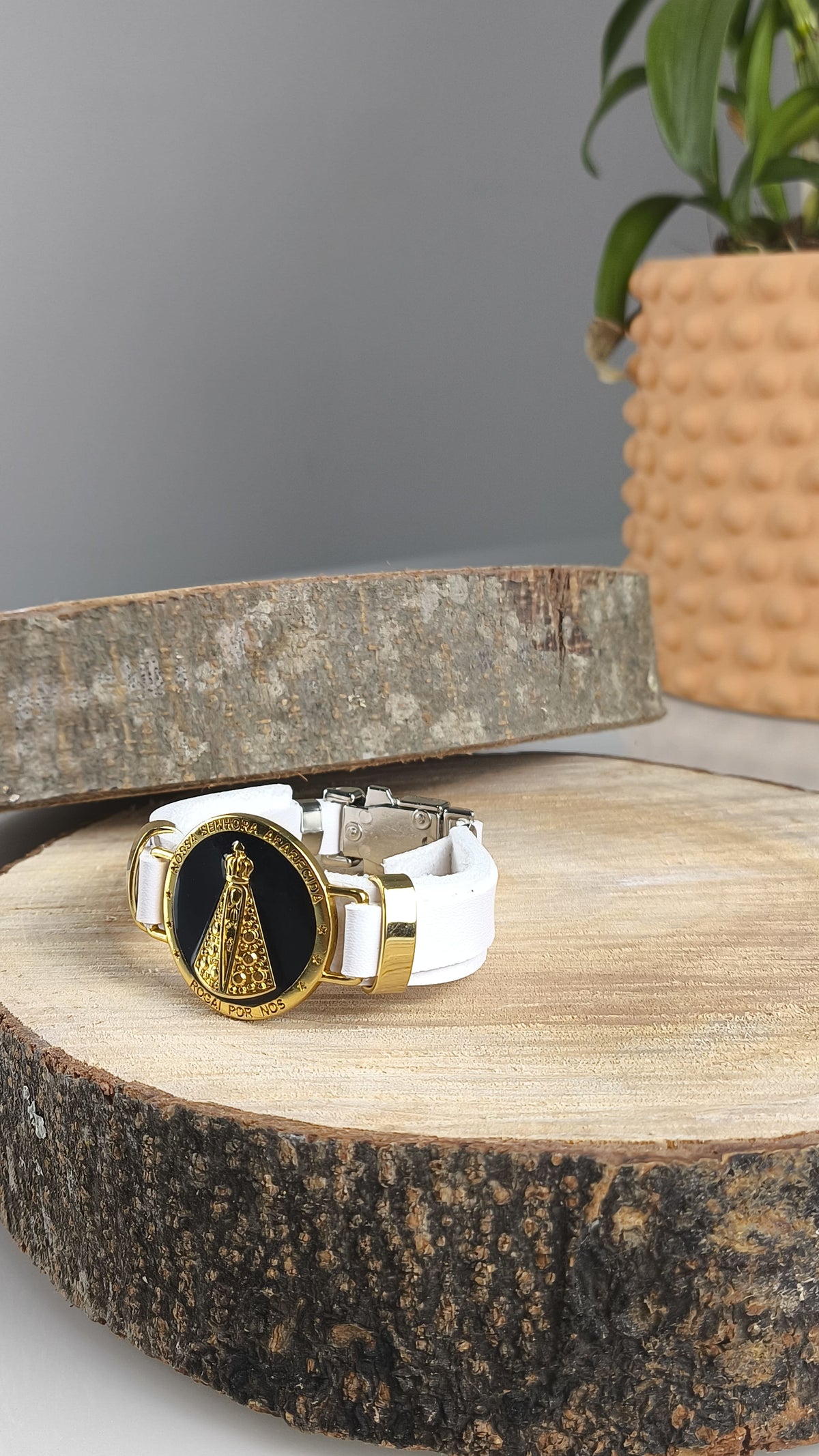 Pulseira Feminina de Couro Branca - Nossa Senhora Aparecida