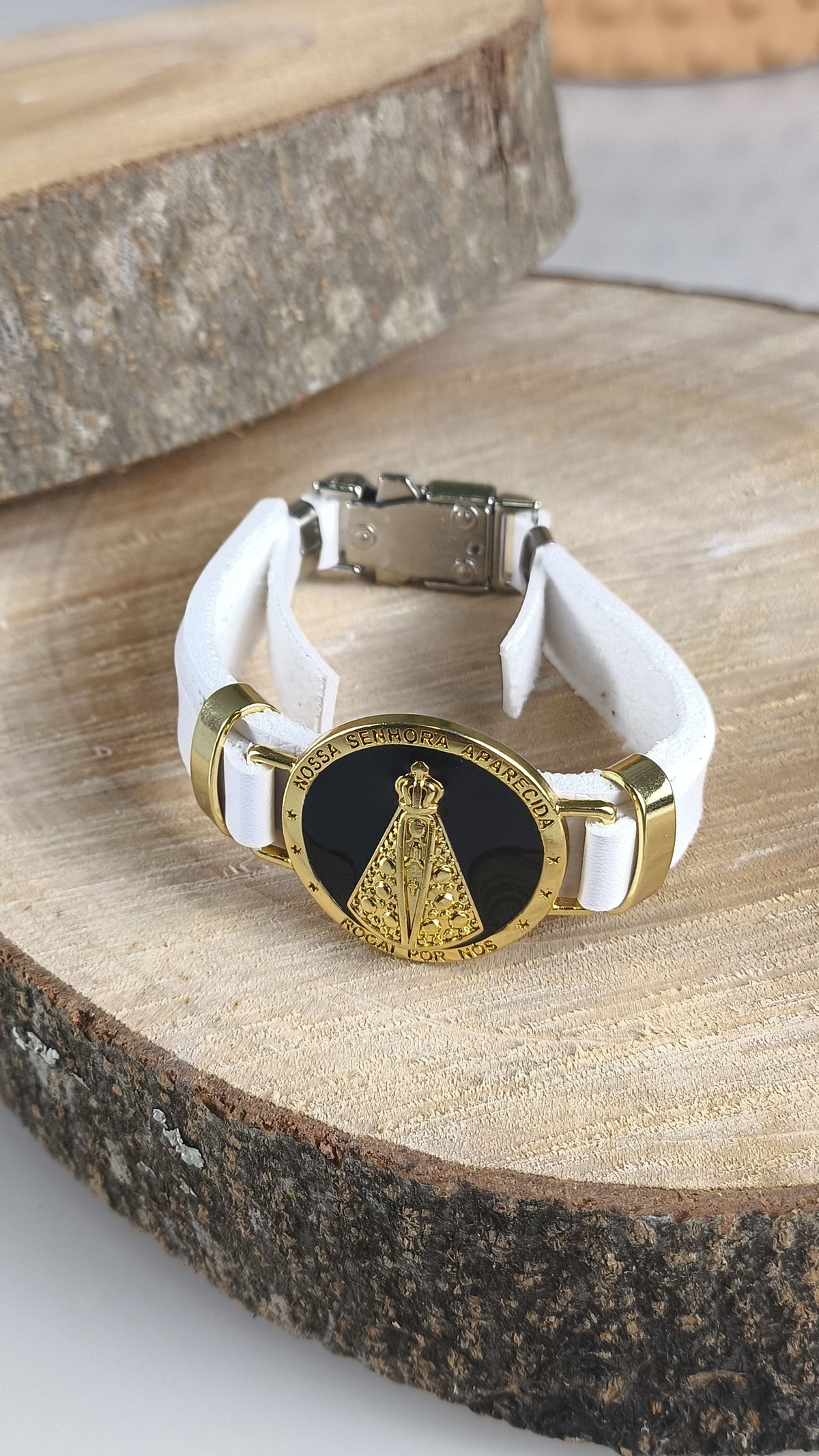 Pulseira Feminina de Couro Branca - Nossa Senhora Aparecida