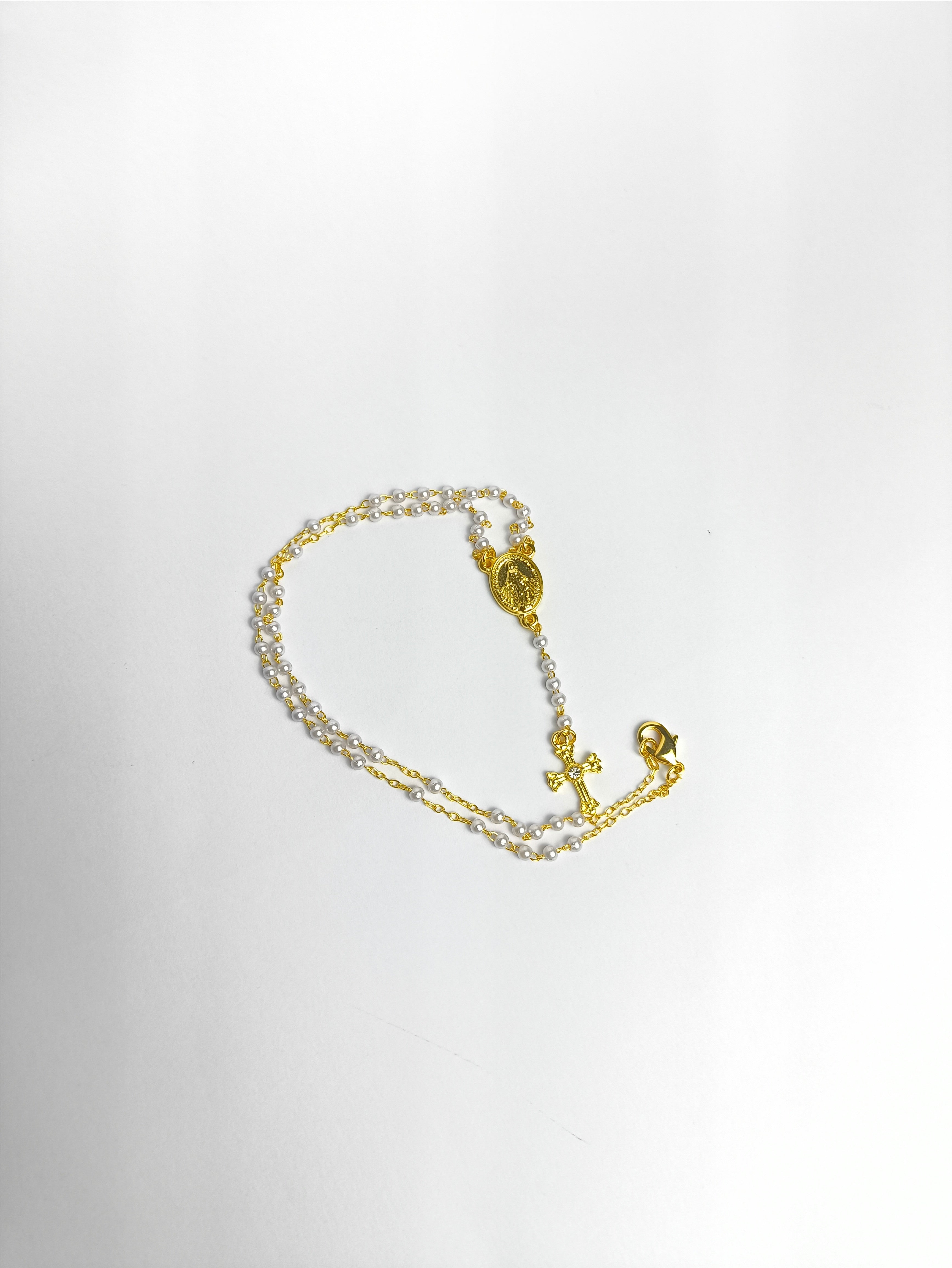 Colar Dourado Terço Pérola 3mm Nossa Senhora das Graças c/ vidrinho