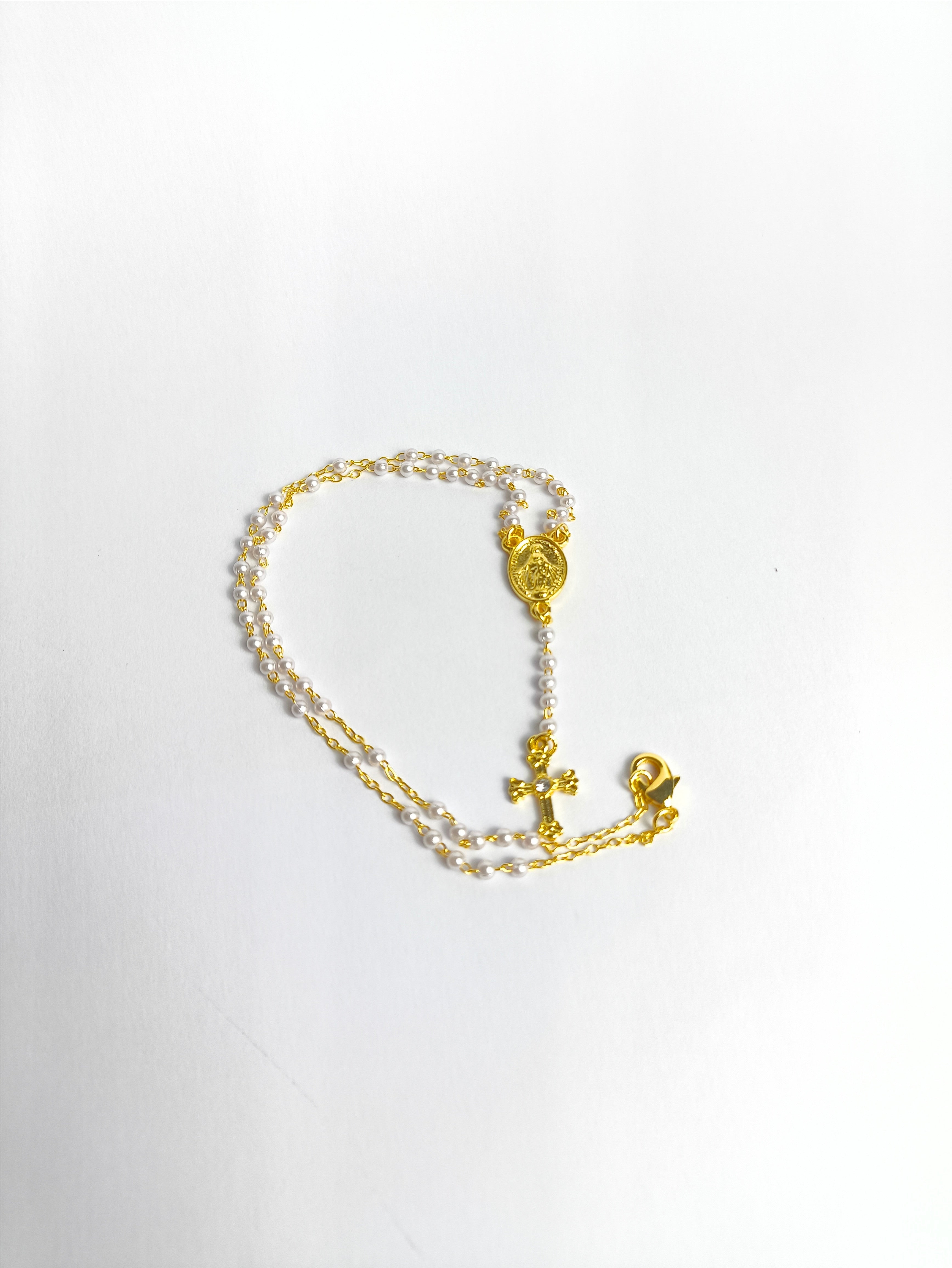 Colar Dourado Terço Pérola 3mm Nossa Senhora das Graças c/ vidrinho