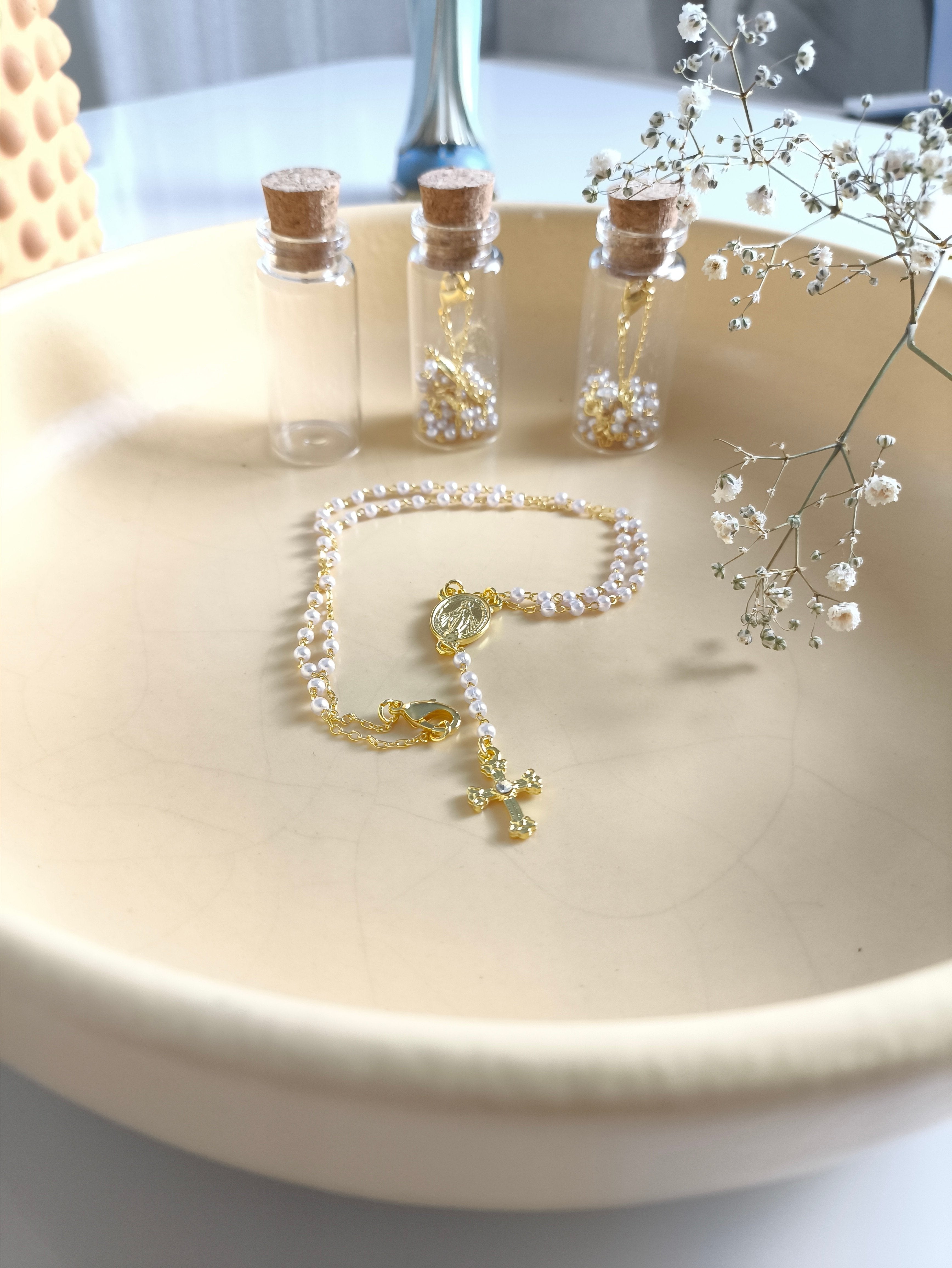 Colar Dourado Terço Pérola 3mm Nossa Senhora das Graças c/ vidrinho