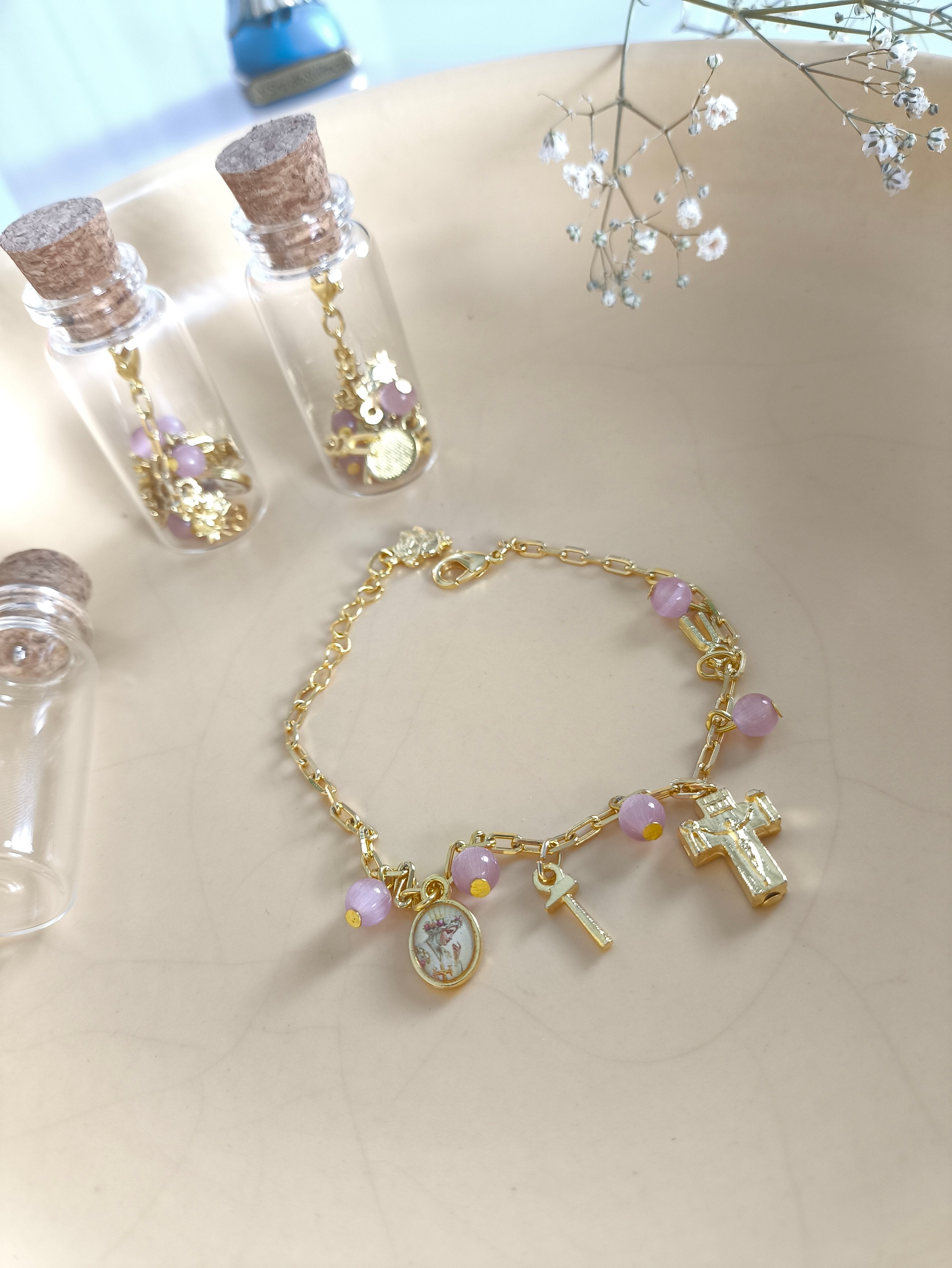 Pulseira Dourada com Rose 6mm Nossa Senhora de La Salette c/vidrinho