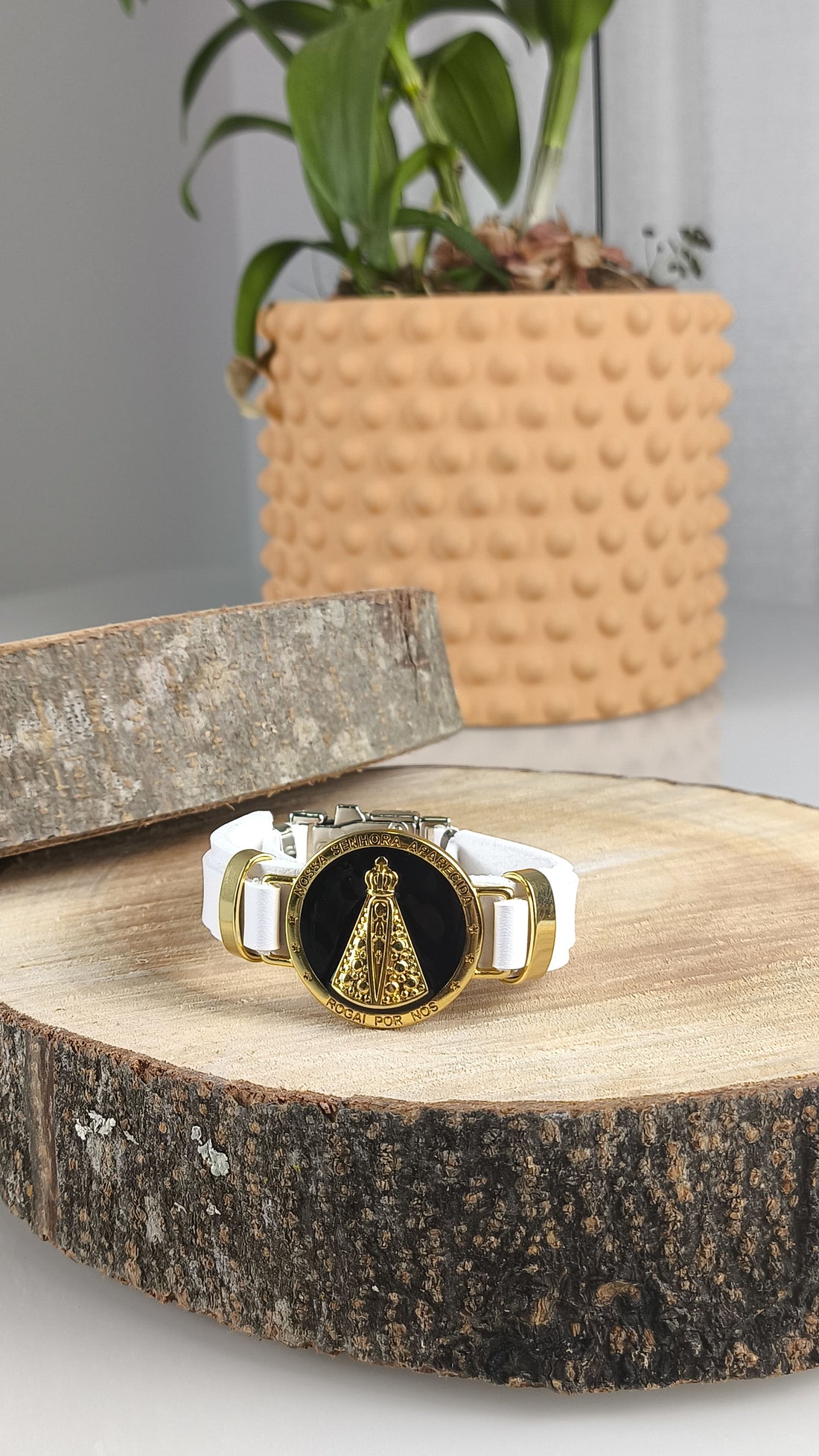 Pulseira Feminina de Couro Branca - Nossa Senhora Aparecida