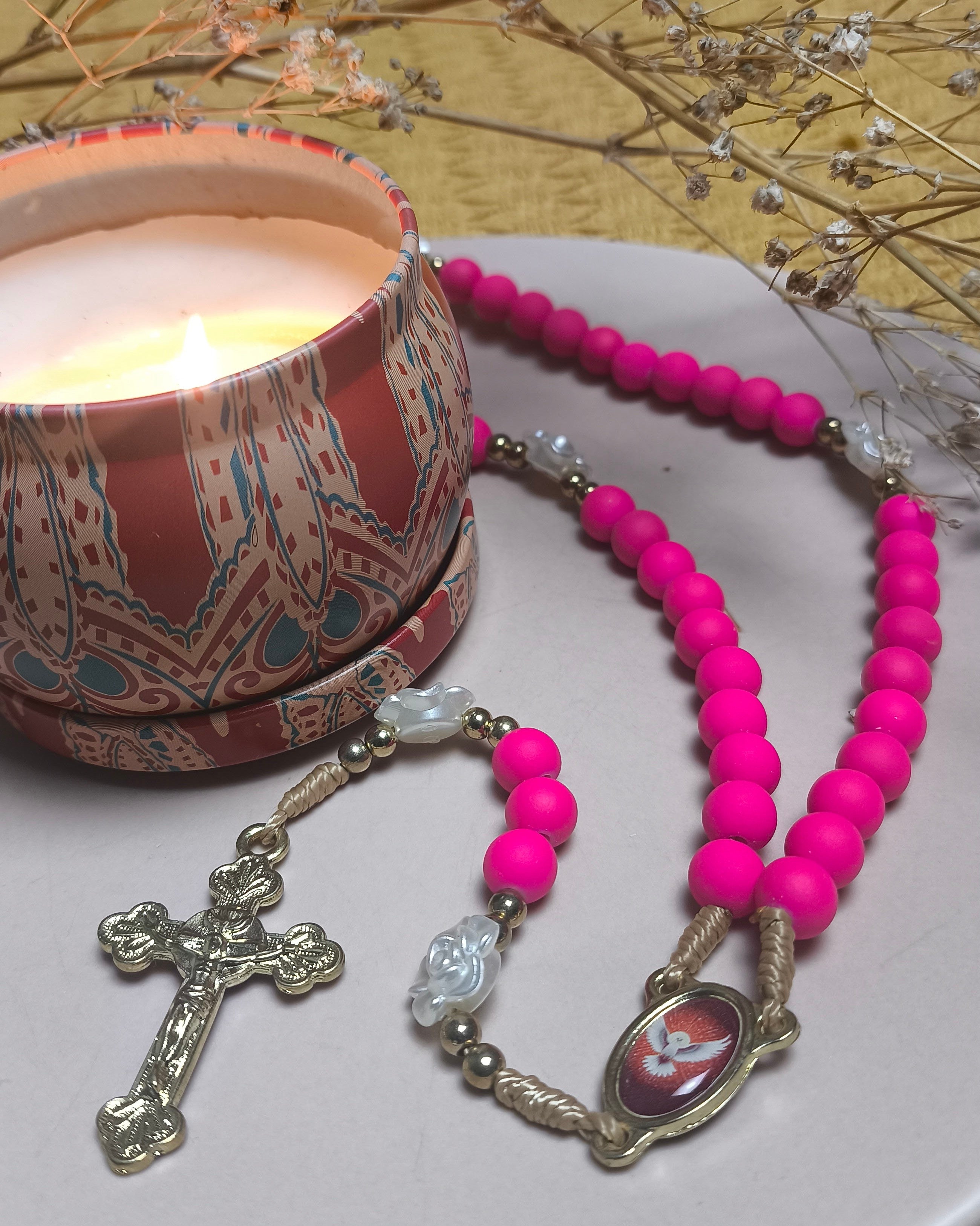 Terço Emborrachado Pink Espírito Santo