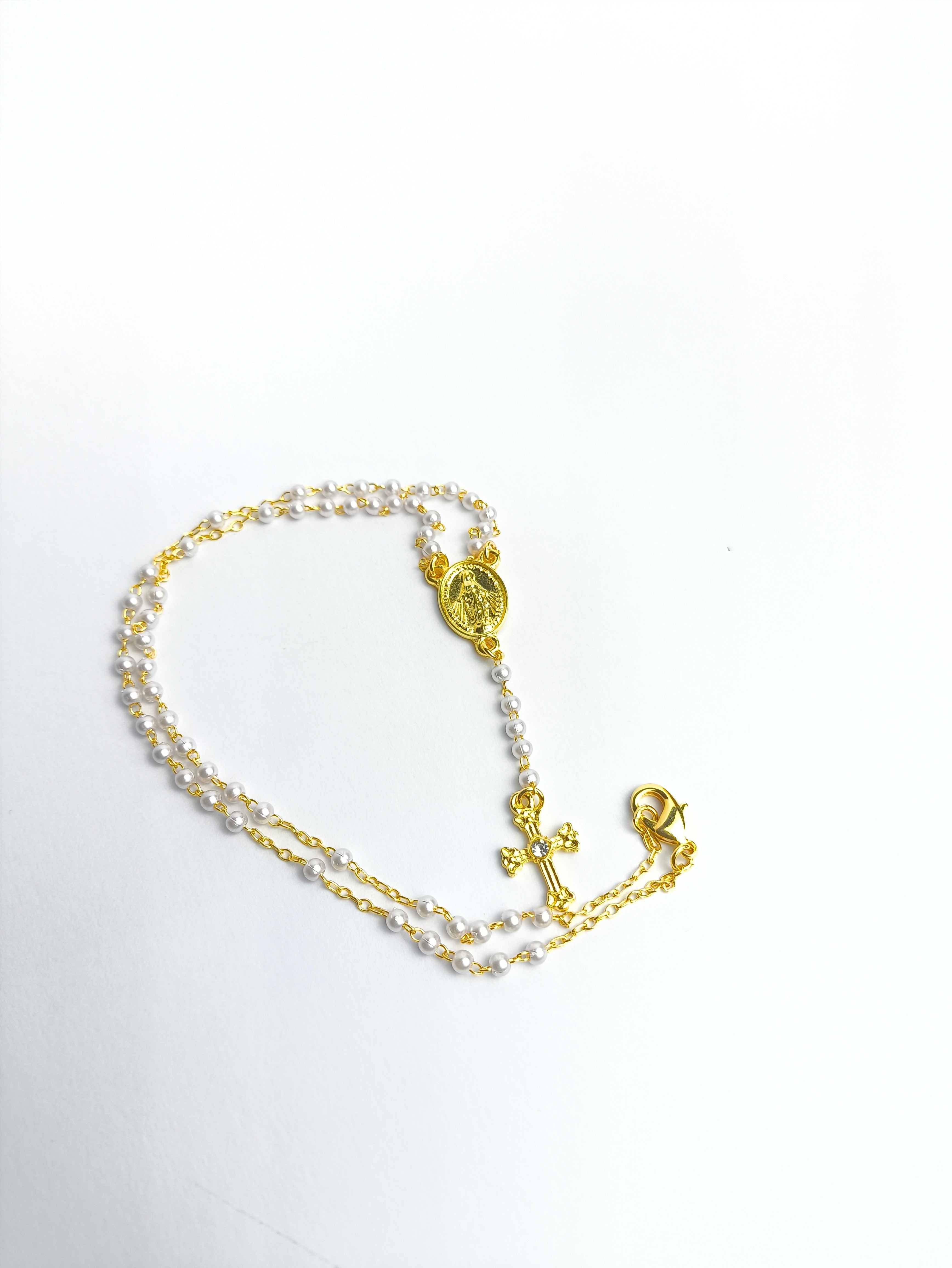 Colar Dourado Terço Pérola 3mm Nossa Senhora das Graças c/ vidrinho
