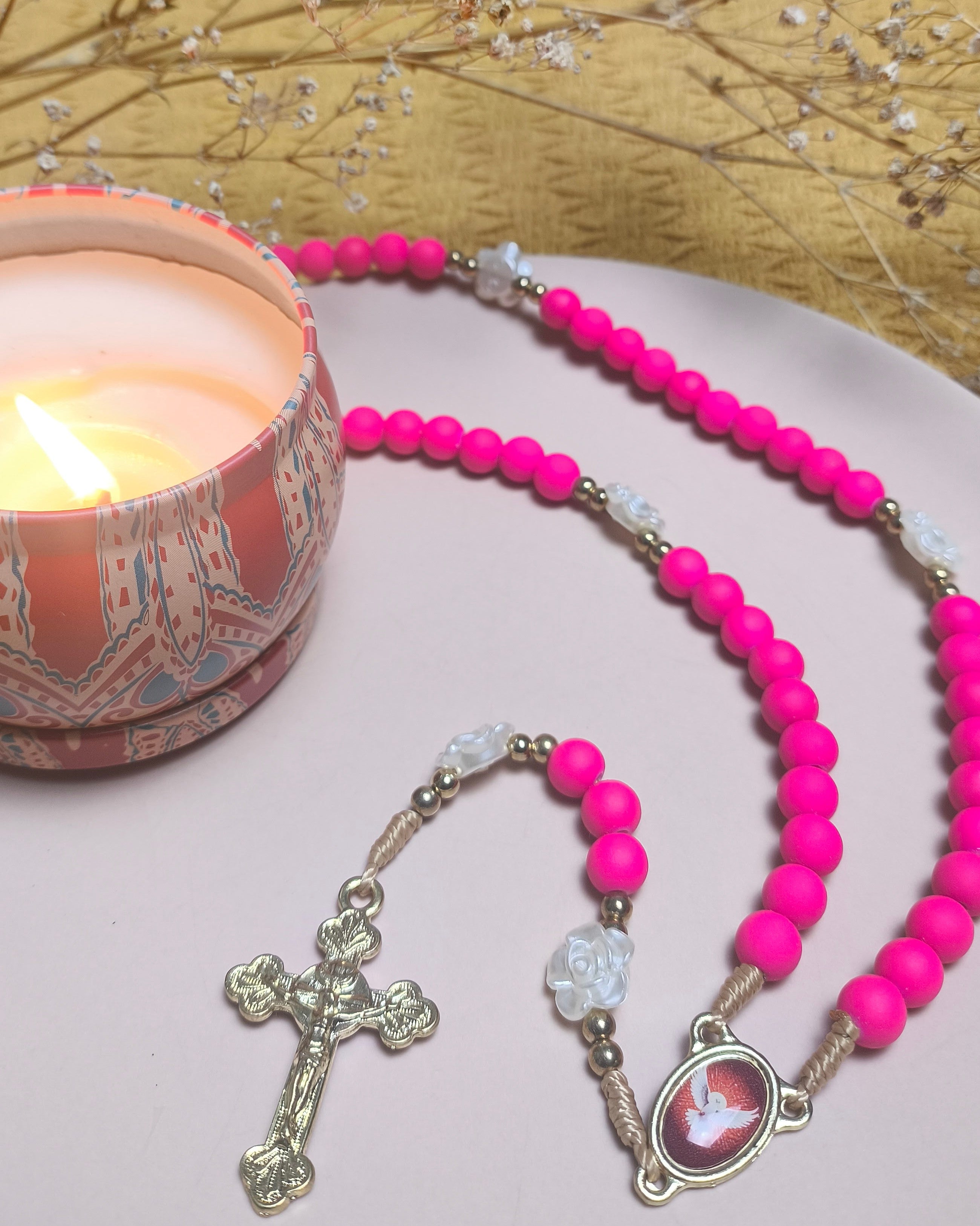 Terço Emborrachado Pink Espírito Santo