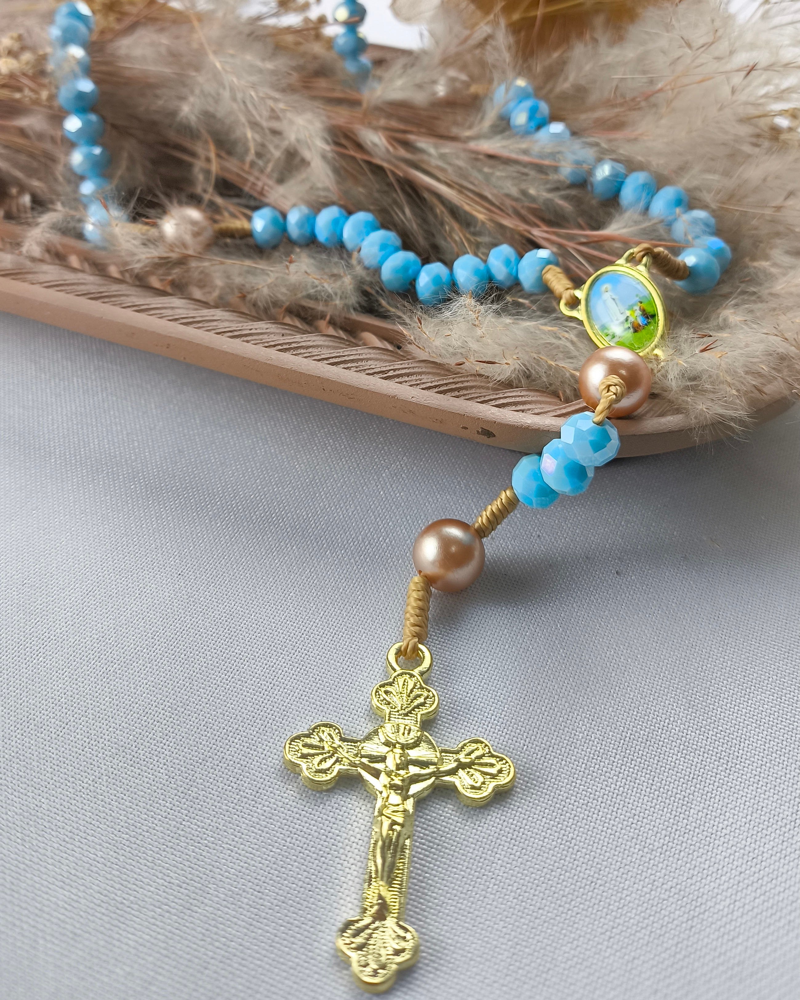 Terço Cristal de Vidro Azul de Nossa Senhora de Fátima
