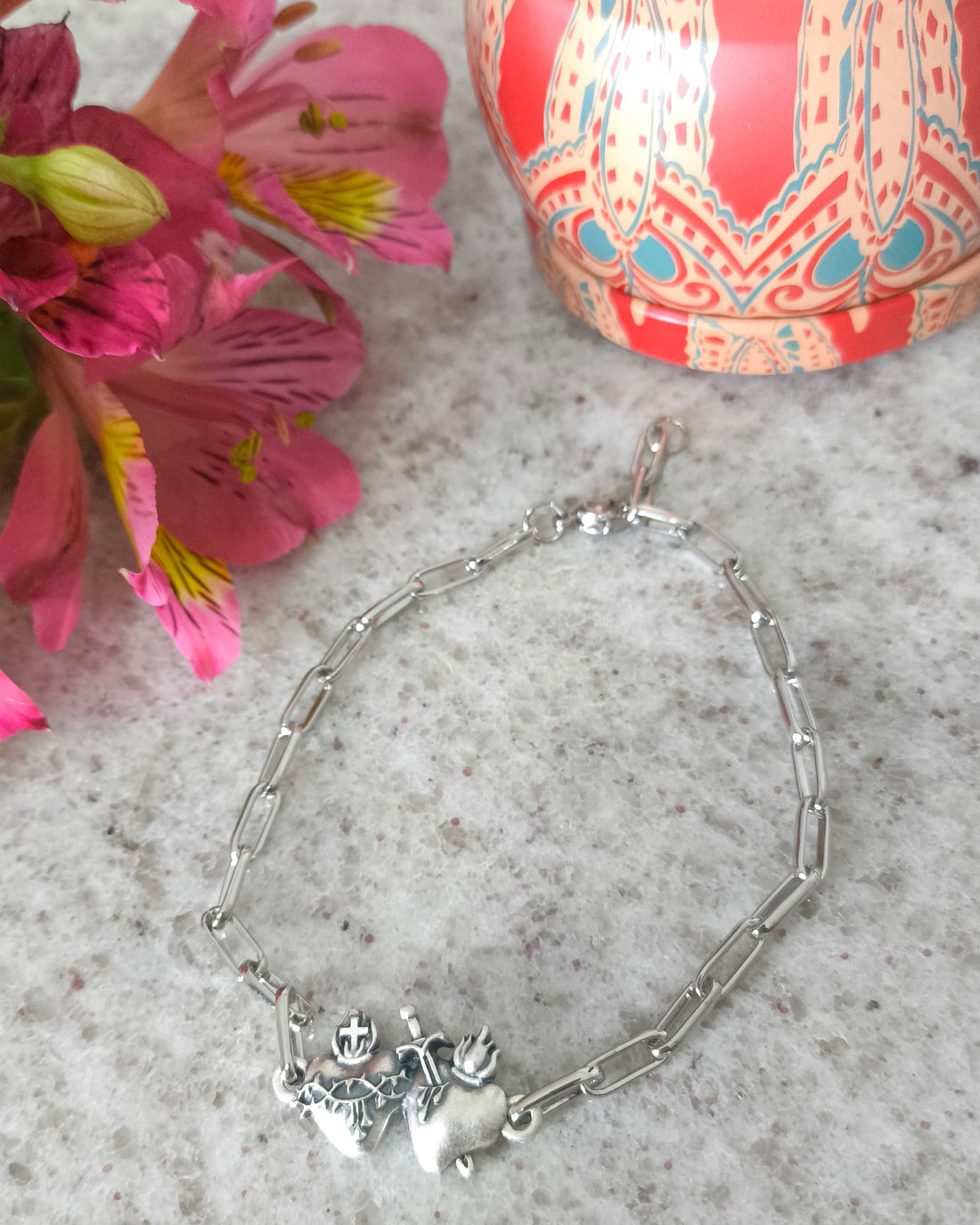 Pulseira Corrente Consagração Inox com Sagrado Coração de Jesus e Maria