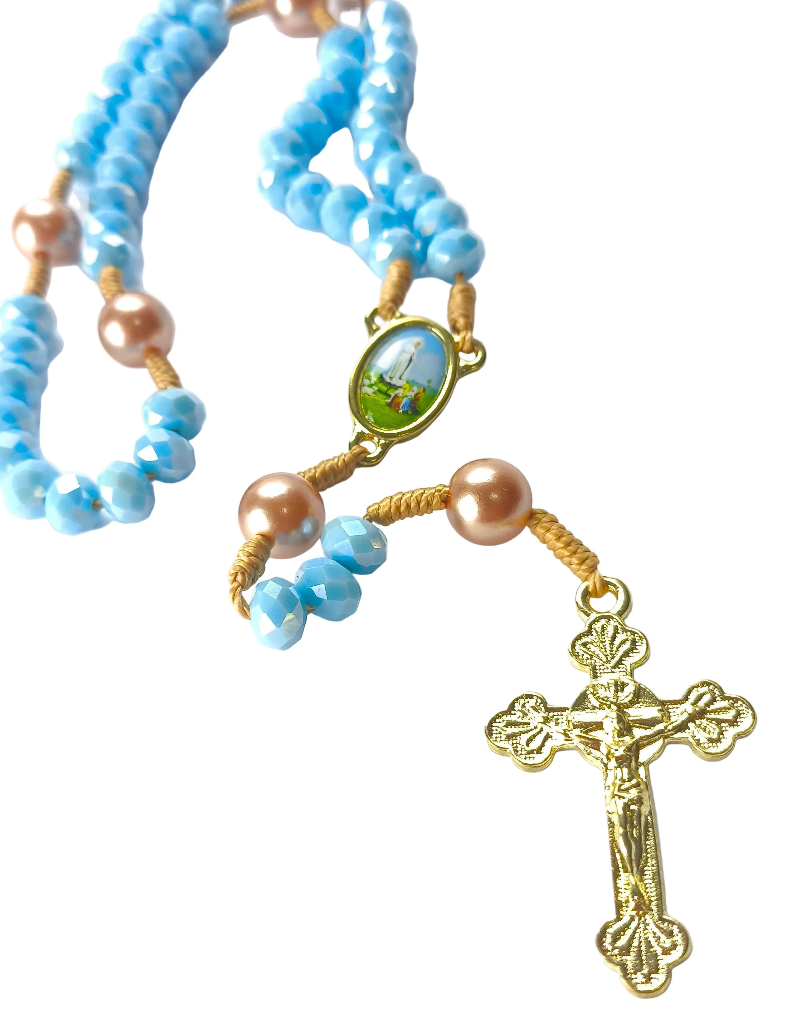 Terço Cristal de Vidro Azul de Nossa Senhora de Fátima