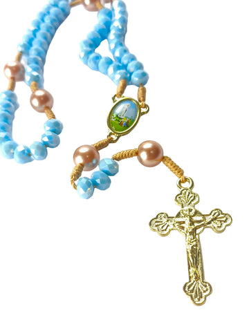 Terço Cristal de Vidro Azul de Nossa Senhora de Fátima