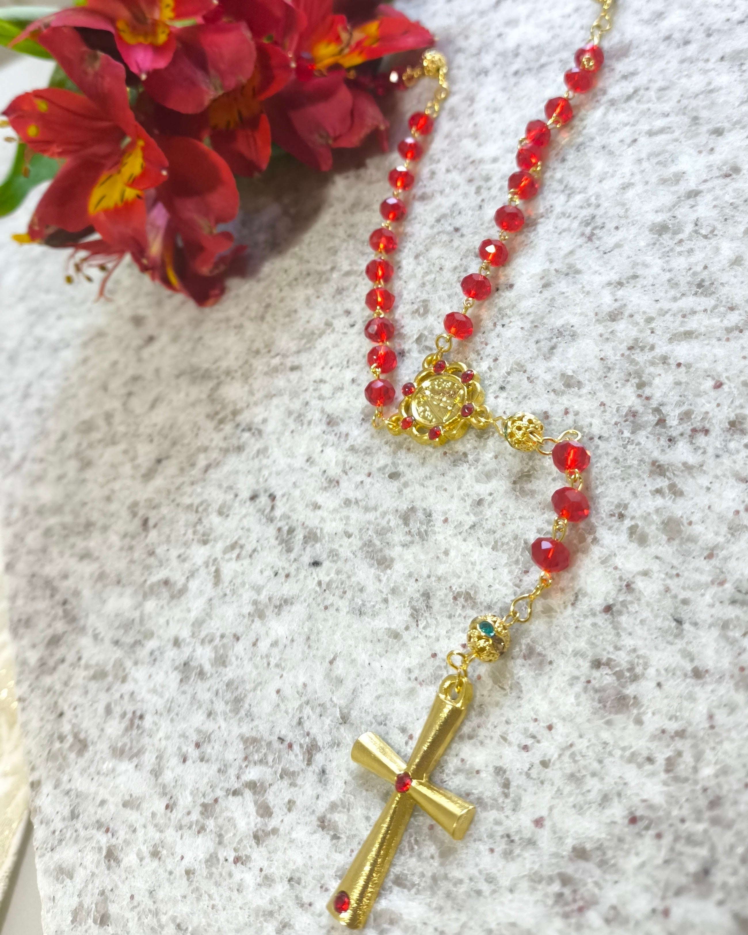 Colar Terço em Cristal Vidro de 6MM Nossa Senhora Aparecida Vermelho