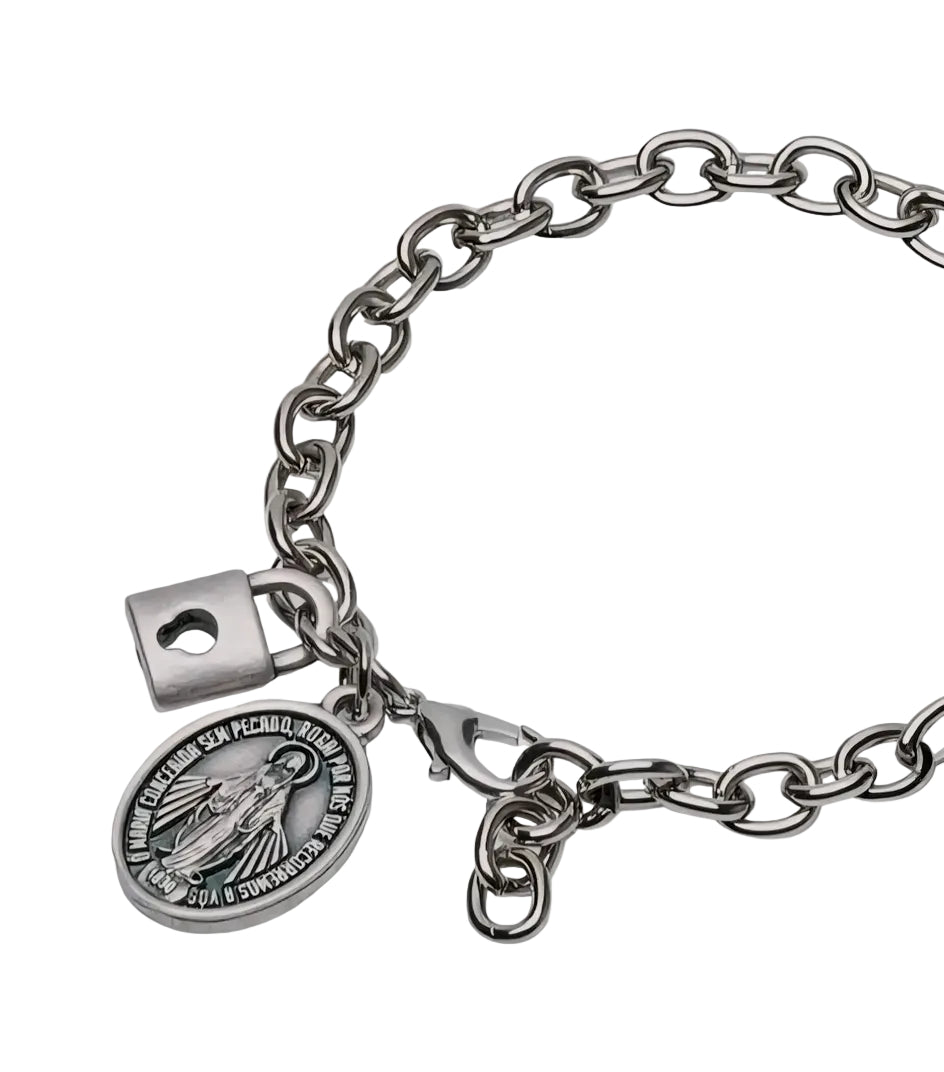 Pulseira Corrente Consagração Inox com Nossa Senhora das Graças e cadeia