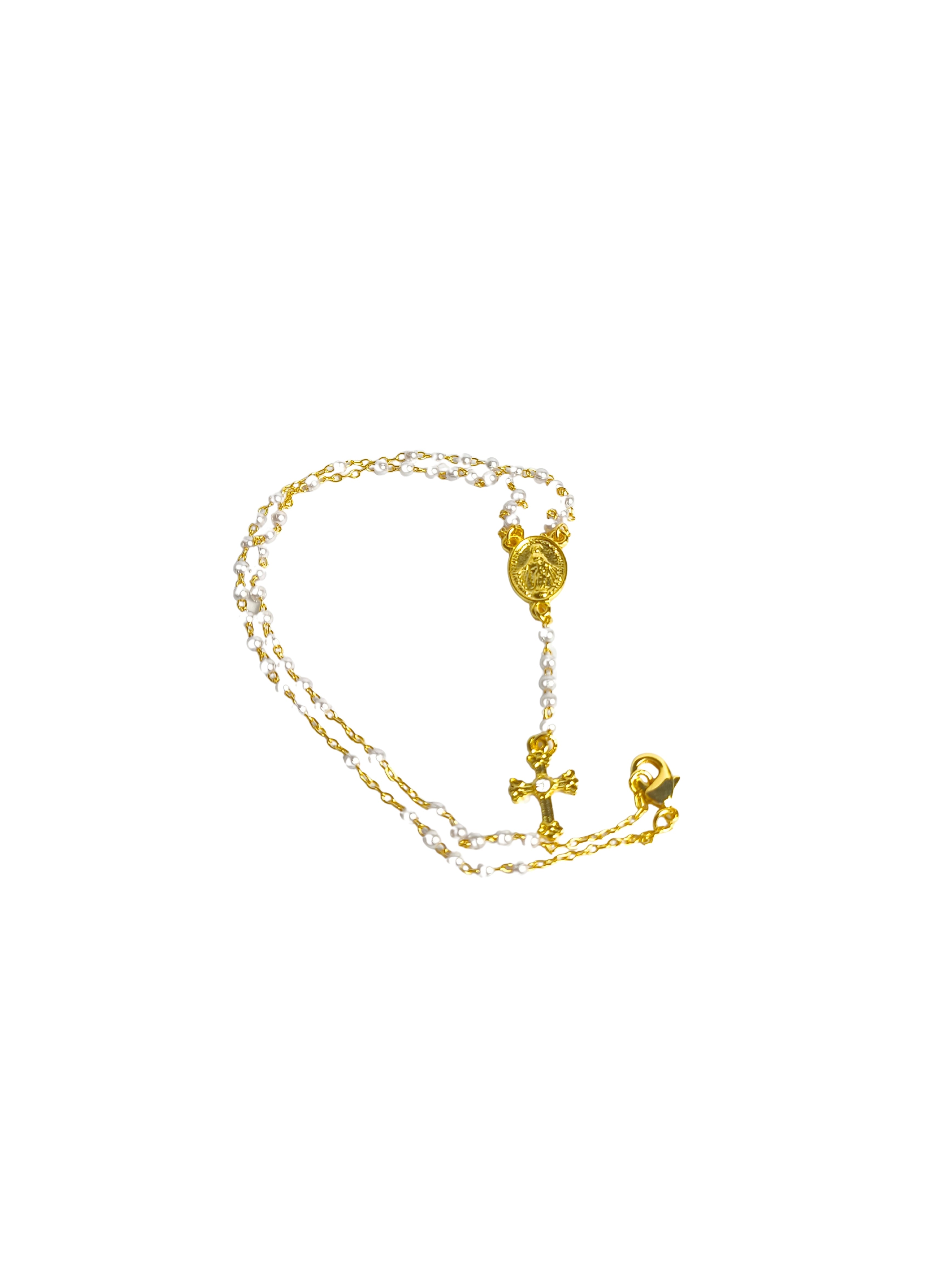 Colar Dourado Terço Pérola 3mm Nossa Senhora das Graças c/ vidrinho