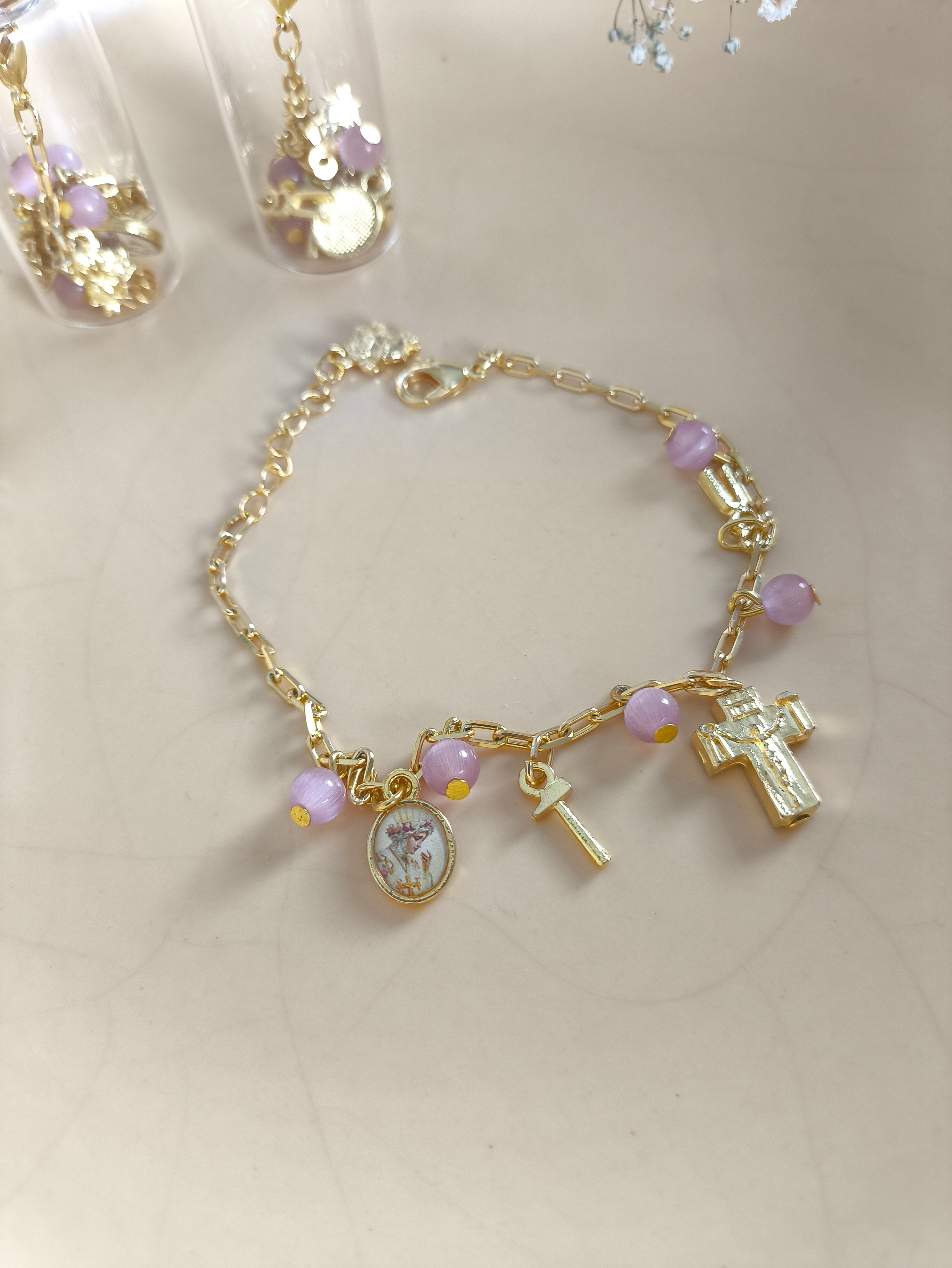 Pulseira Dourada com Rose 6mm Nossa Senhora de La Salette c/vidrinho