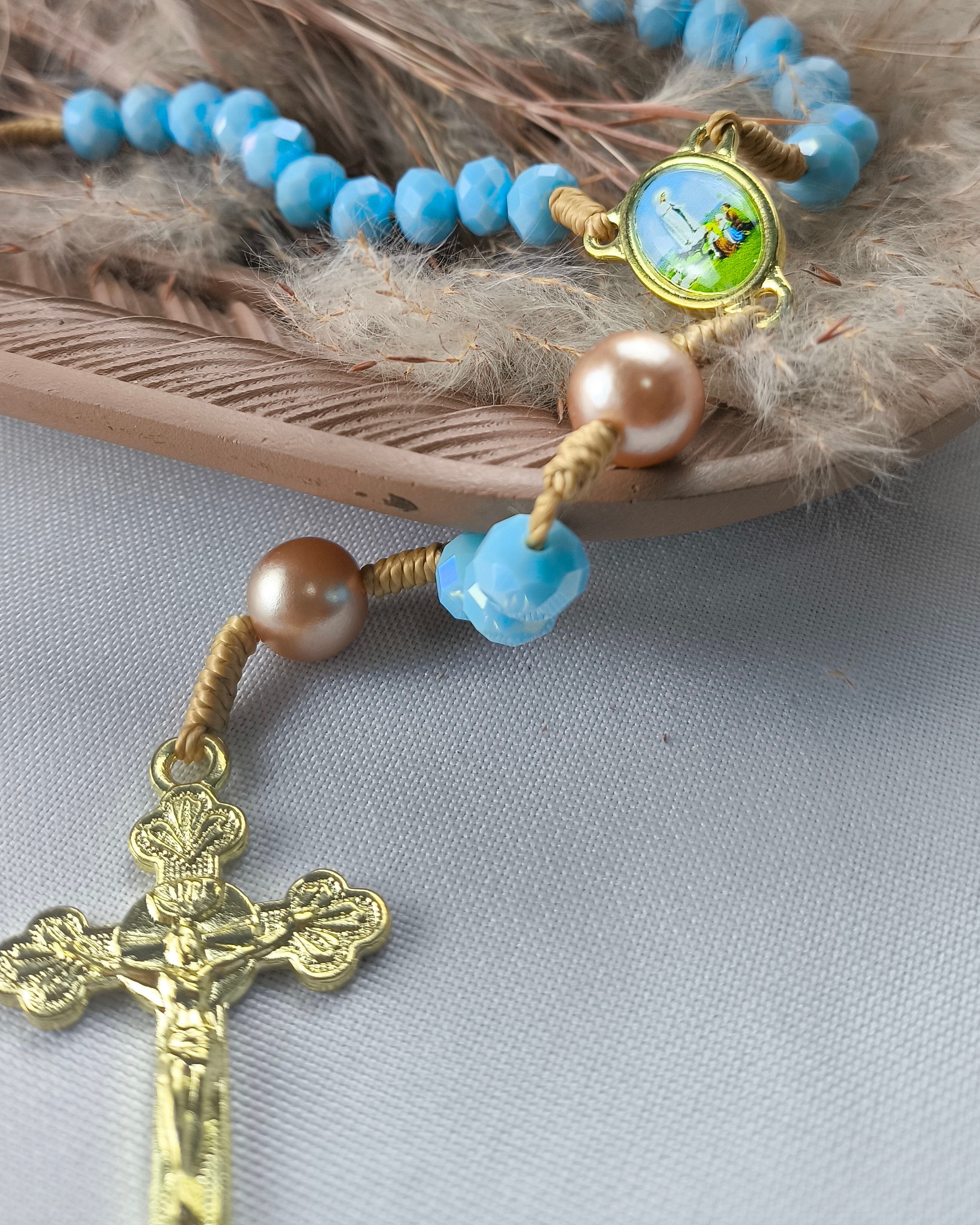 Terço Cristal de Vidro Azul de Nossa Senhora de Fátima