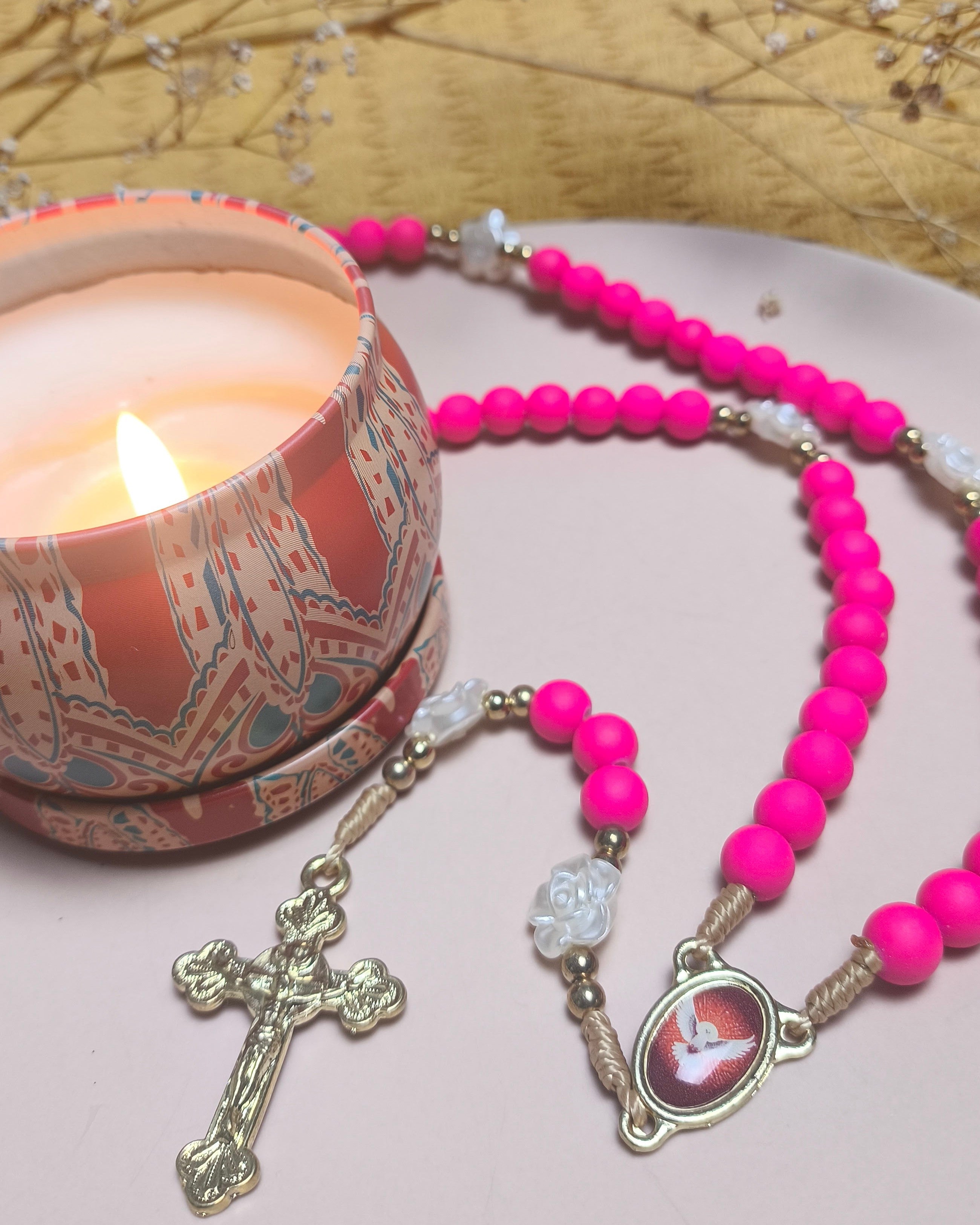 Terço Emborrachado Pink Espírito Santo
