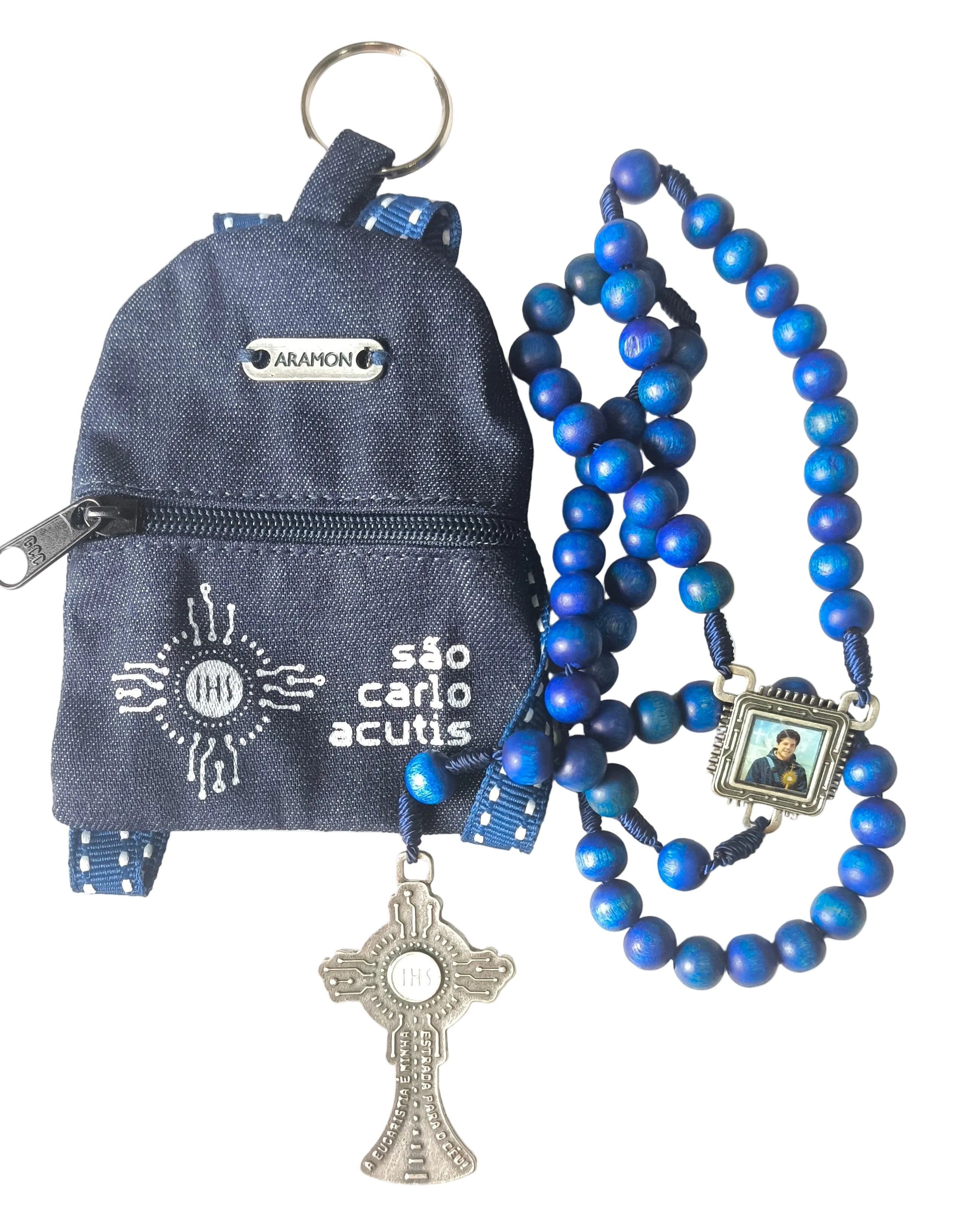 Terço São Carlo Acutis Azul em madeira com Mochila