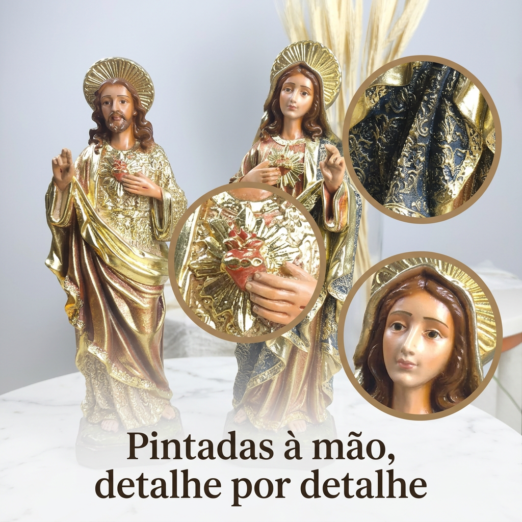 Kit Imagem Sagrado Coração de Jesus e Maria 30cm Pintada à Mão