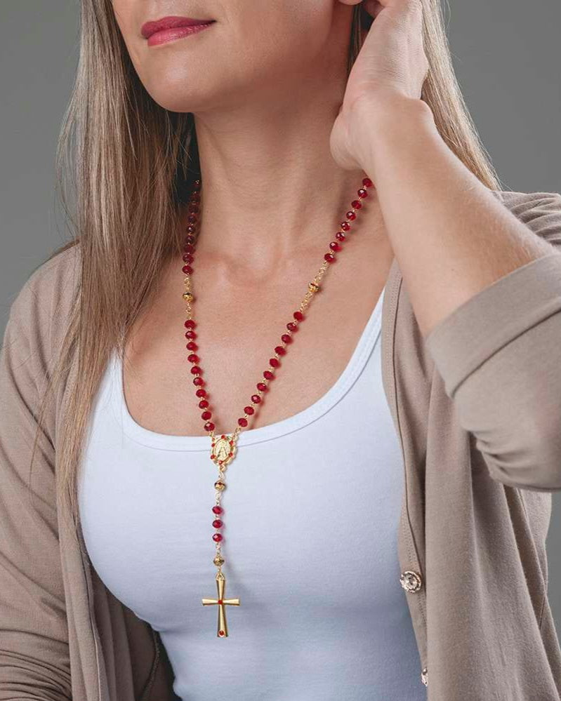 Colar Terço em Cristal Vidro de 6MM Nossa Senhora Aparecida Vermelho