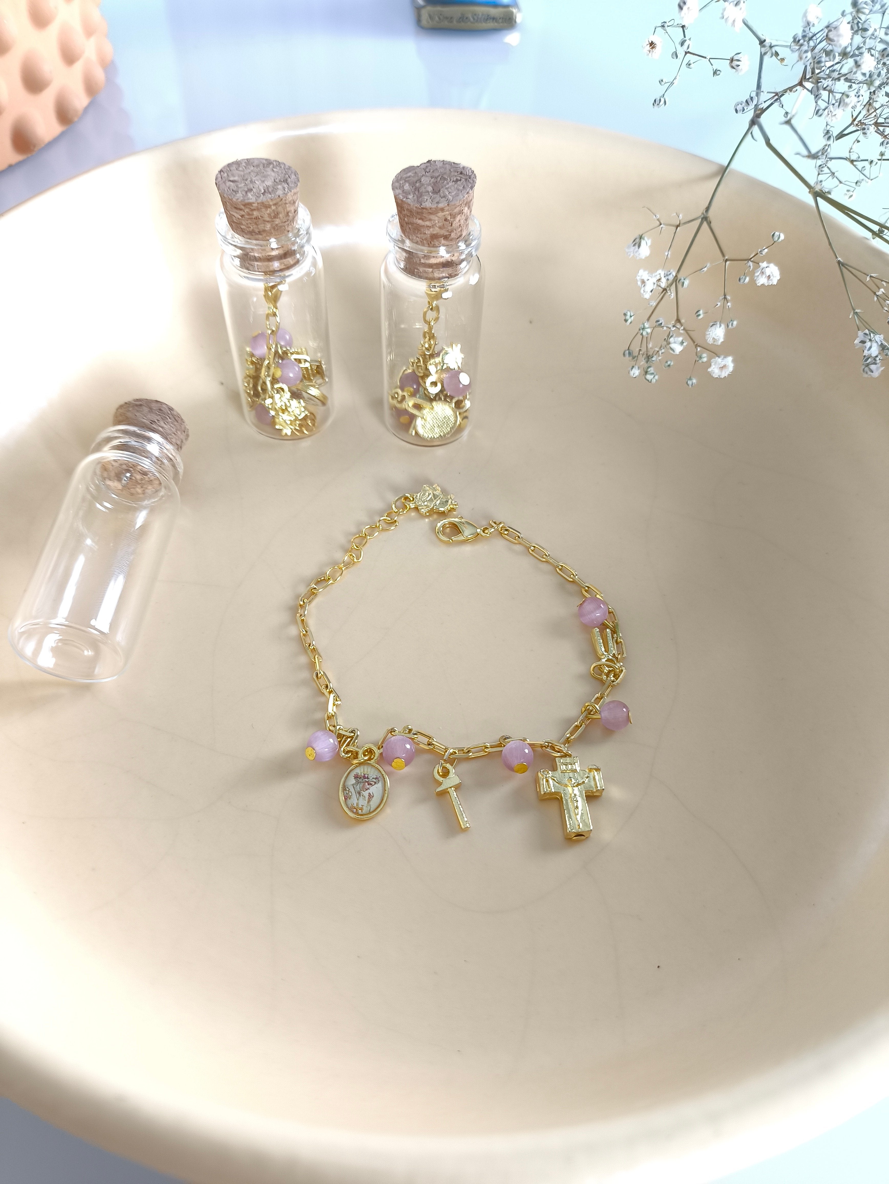 Pulseira Dourada com Rose 6mm Nossa Senhora de La Salette c/vidrinho