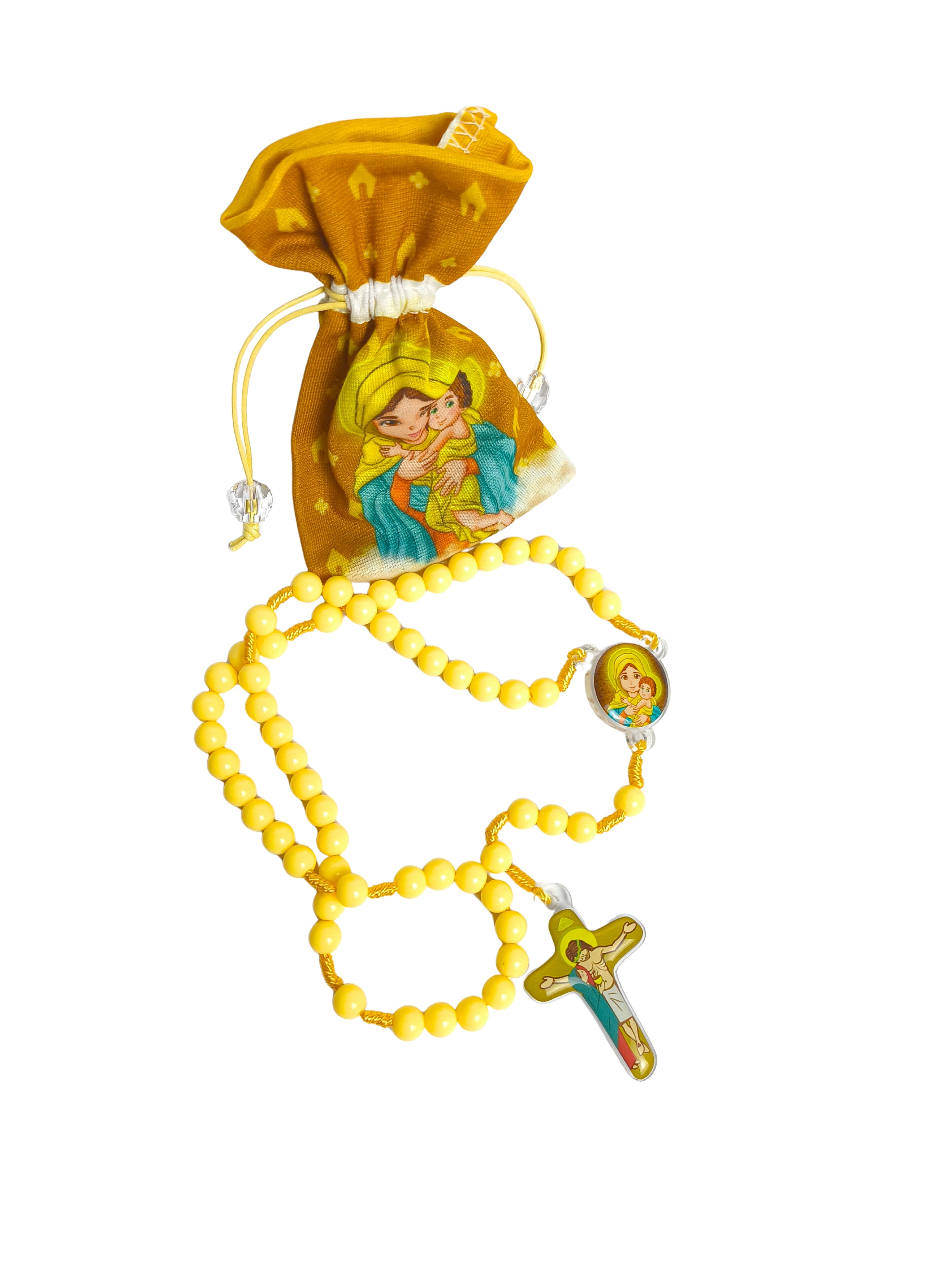 Terço Infantil Amarelo da Mãe Rainha - acompanha saquinho de tecido