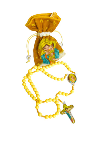 Terço Infantil Amarelo da Mãe Rainha - acompanha saquinho de tecido