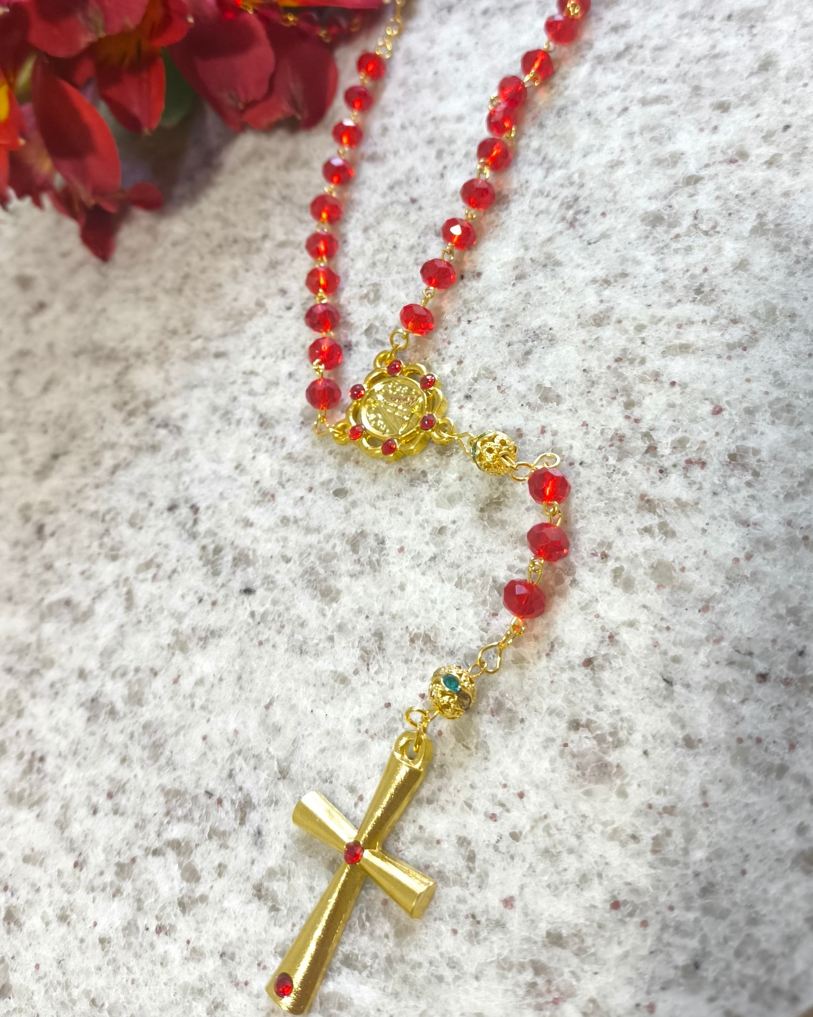 Colar Terço em Cristal Vidro de 6MM Nossa Senhora Aparecida Vermelho