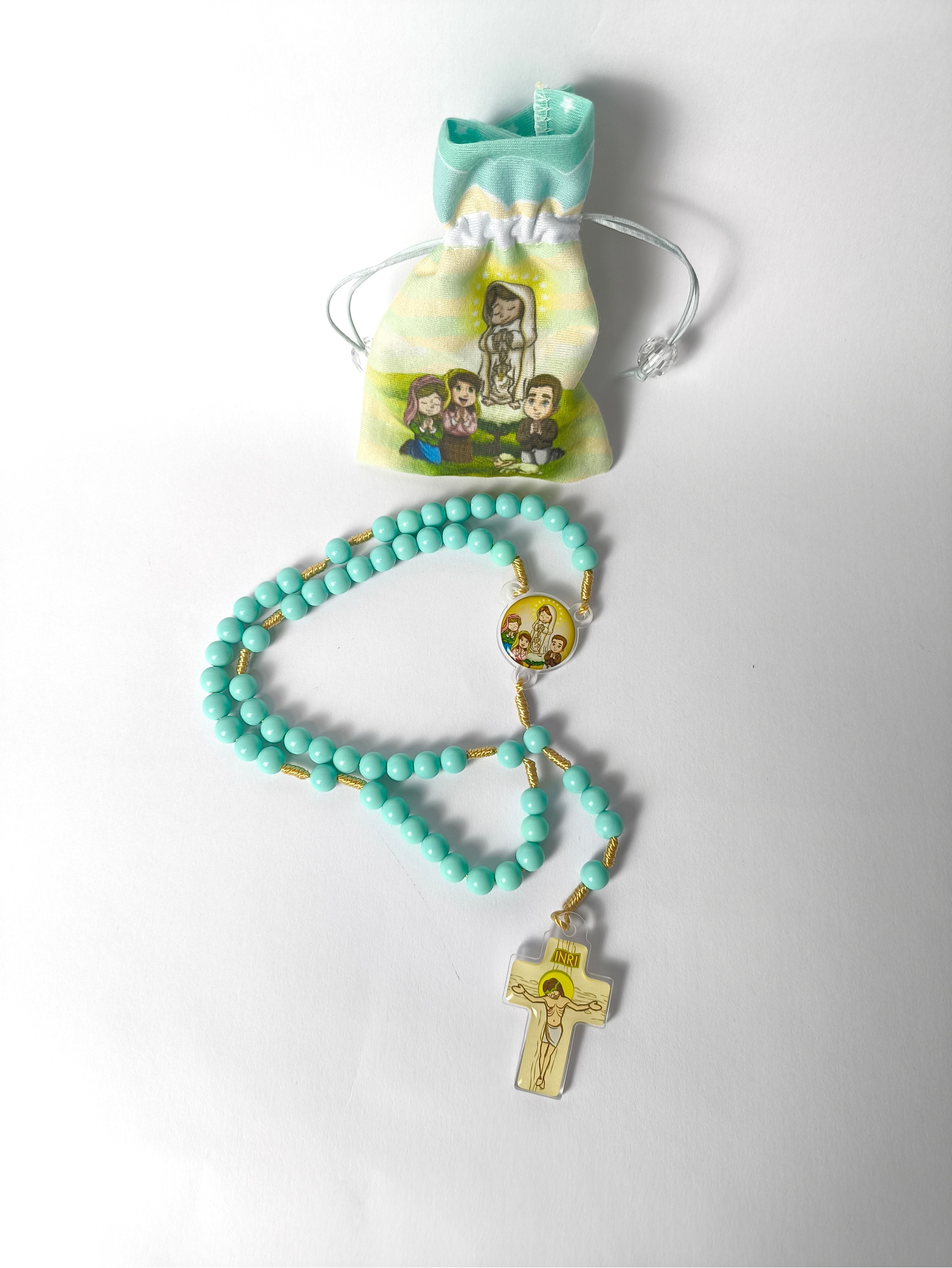 Terço Infantil Azul de Nossa Senhora de Fátima - acompanha saquinho de tecido