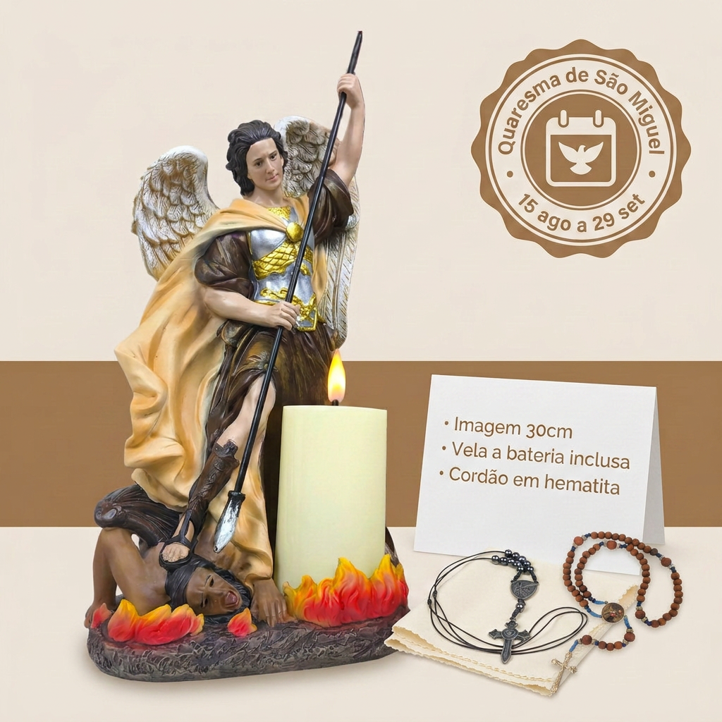 Kit Quaresma São Miguel Arcanjo Imagem Terço e Cordão
