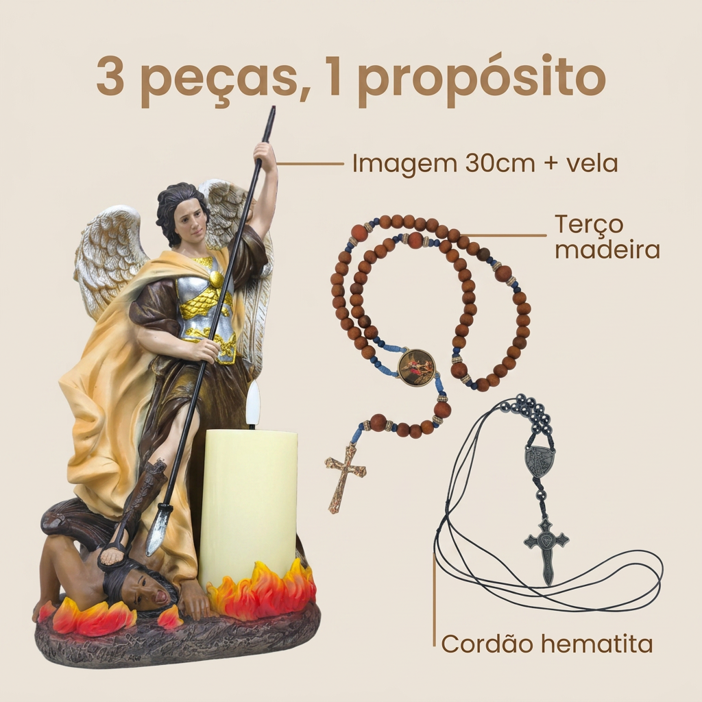 Kit Quaresma São Miguel Arcanjo Imagem Terço e Cordão