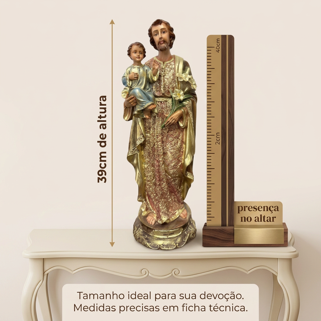 Imagem de São José com Menino Jesus 39cm Dourado