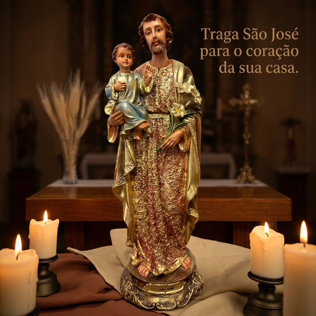 Imagem de São José com Menino Jesus 39cm Dourado