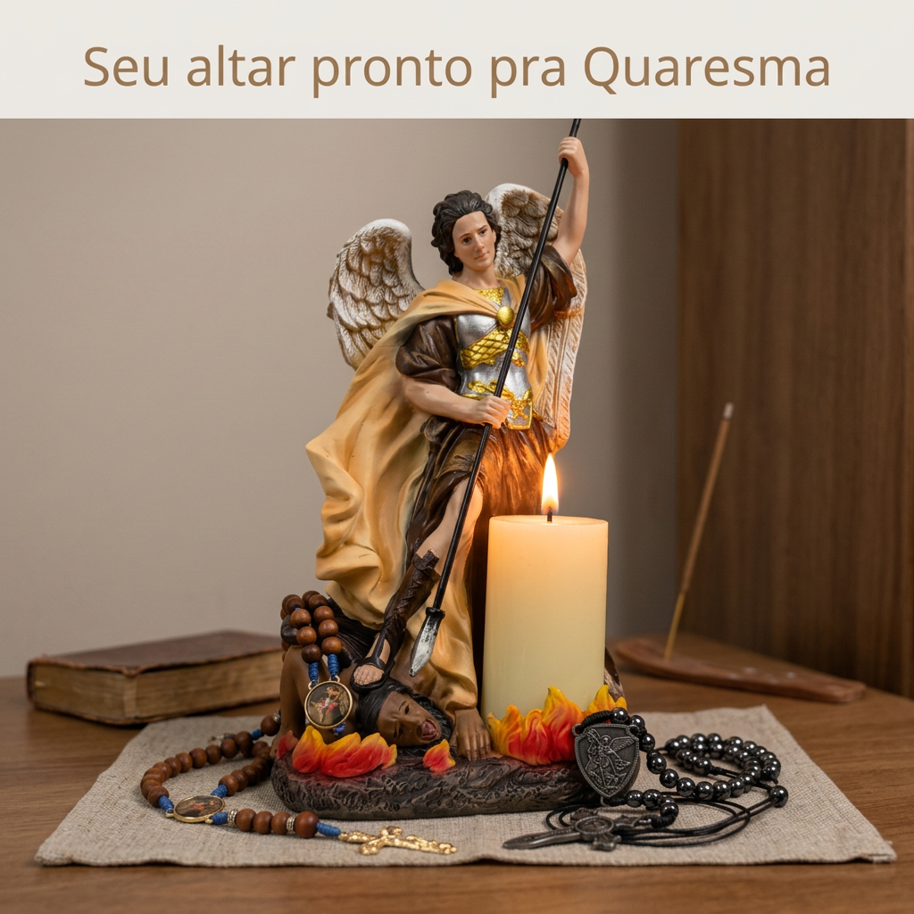 Kit Quaresma São Miguel Arcanjo Imagem Terço e Cordão