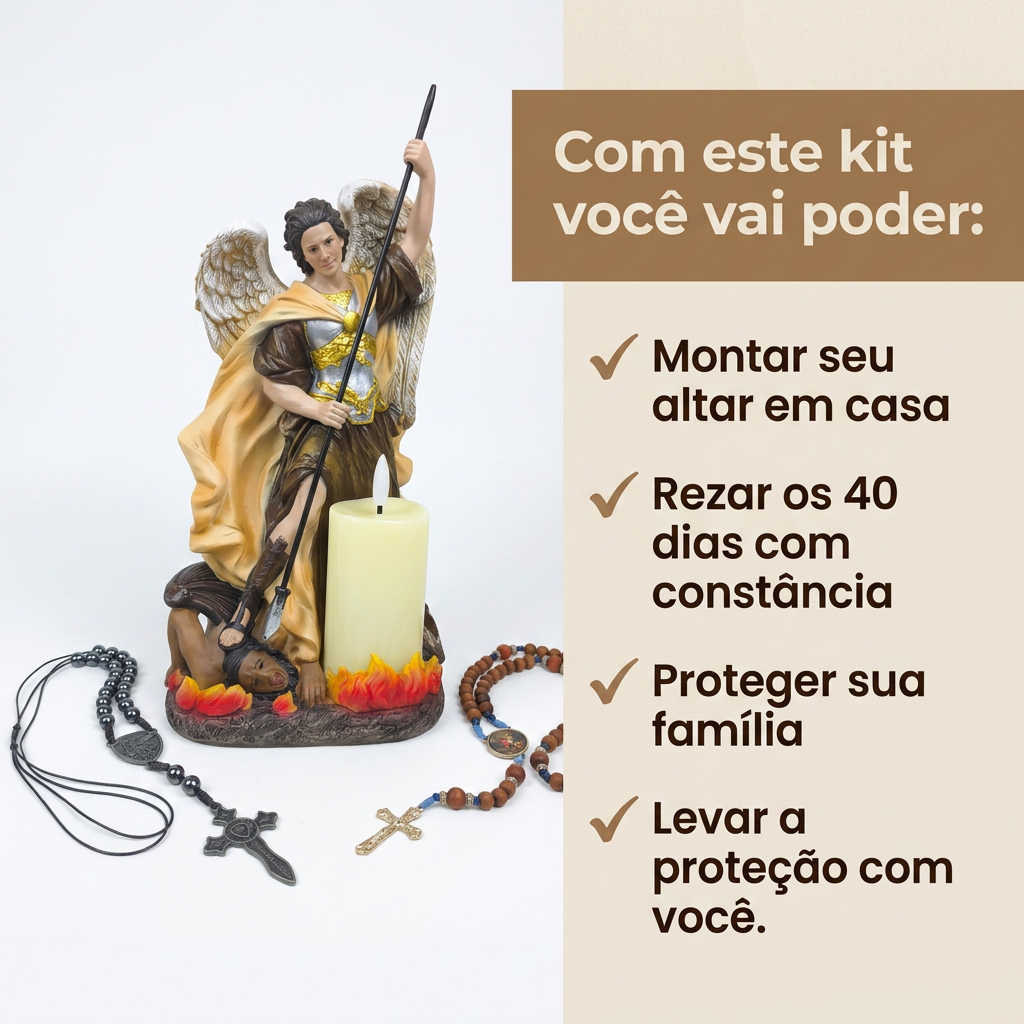 Kit Quaresma São Miguel Arcanjo Imagem Terço e Cordão