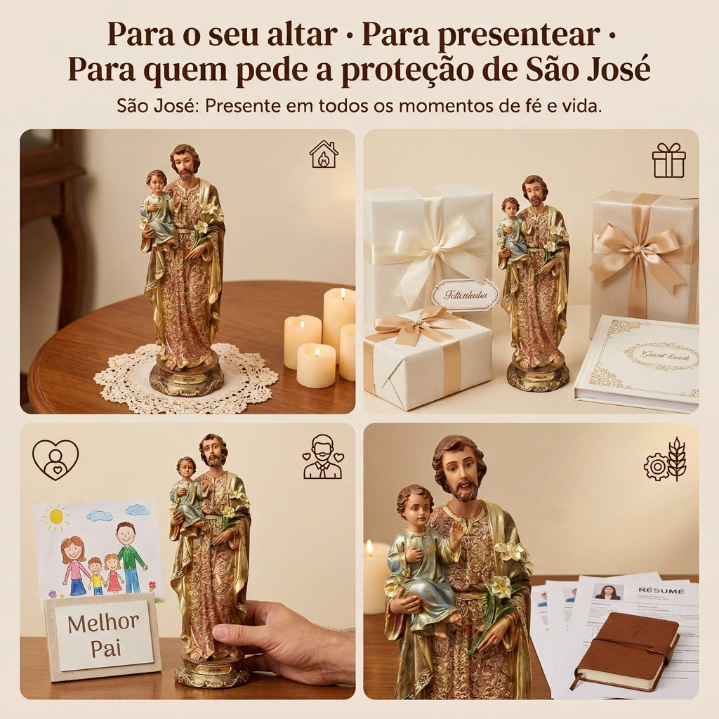 Imagem de São José com Menino Jesus 39cm Dourado